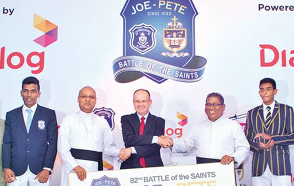 Fr. Travis Gabriel (second from left) the rector of St. Joseph’s College and Fr Trevor Martin (second from right) the rector of St. Peter’s College along with Dialog Enterprise Chief Officer Jeromy Huxtable and the two captains Sanduruwan Rodrigo (left-St. Joseph’s College) and Vinu Mohotty (right-St. Peter’s College) at the launch and sponsorship of the annual Battle of the Saints big match at the Sports Ministry Auditorium, Race Course Colombo on Thursday ( Picture by Sudam Gunasinghe)