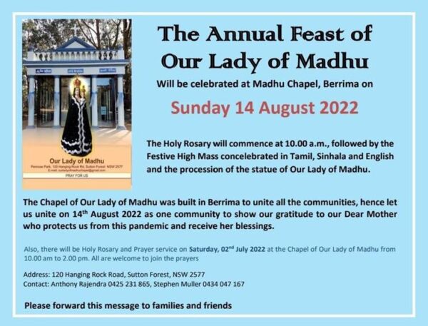 SLNSWCA - Transport arrangements to Berrima Madhu Feast - Express your interest by Sat 6th Aug