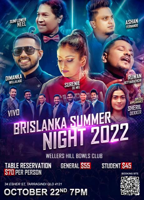 Brislanka Summer Night 2022 with Surenie De Mel, Ashan Fernando, Ruwan Hettiarachchi, Dimanka Wellalage, Neel Warnakulasuriya, Sheril Dekker Live in Brisbane on 22nd October 2022