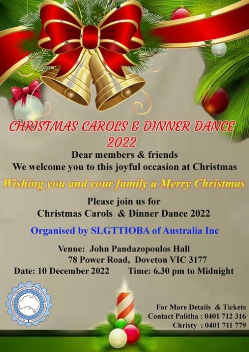 Christmas Carols & Dinner Dance 2022 - December 2022 Saturday 10 - 6.30 pm to Mid Night(Melbourne) 