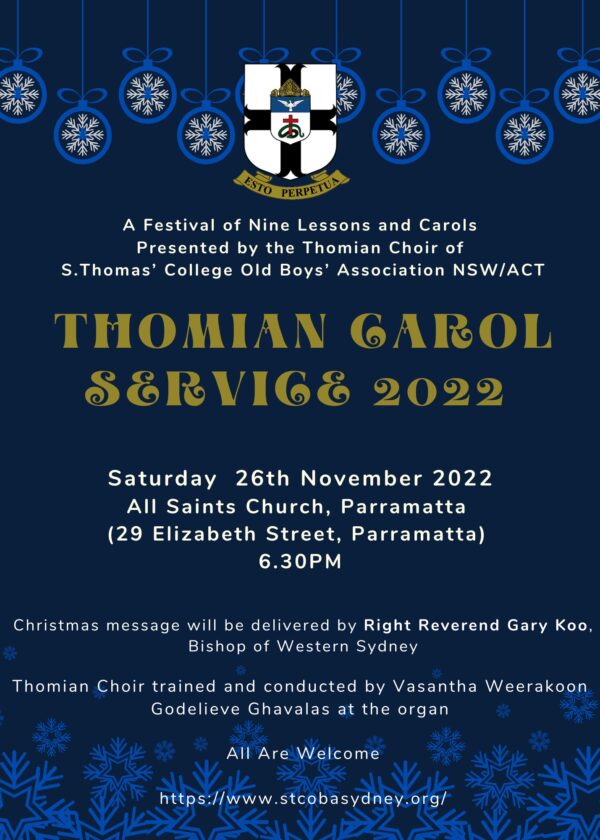 Thomian Carol Service 2022 (Saturday 26th November 2022 – All Saints Church, Parramatta)