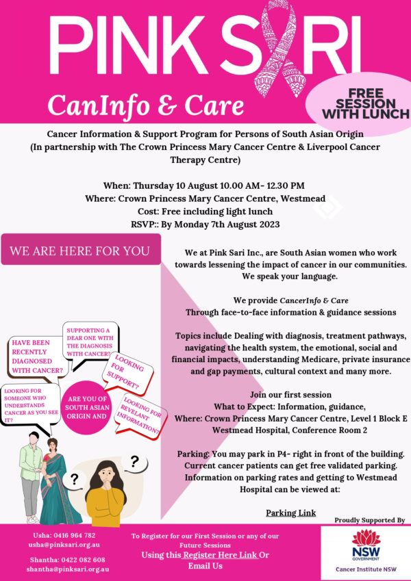 Pink Sari Inc presents free Cancer care & info session at Westmead on the 10th of August 2023 (Sydney event)