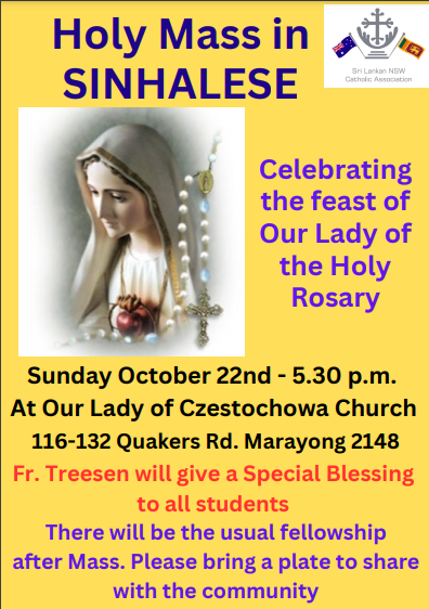 Holy Mass in SINHALESE - October 22nd - 5.30 p.m. ( Sydney Event )-eLanka