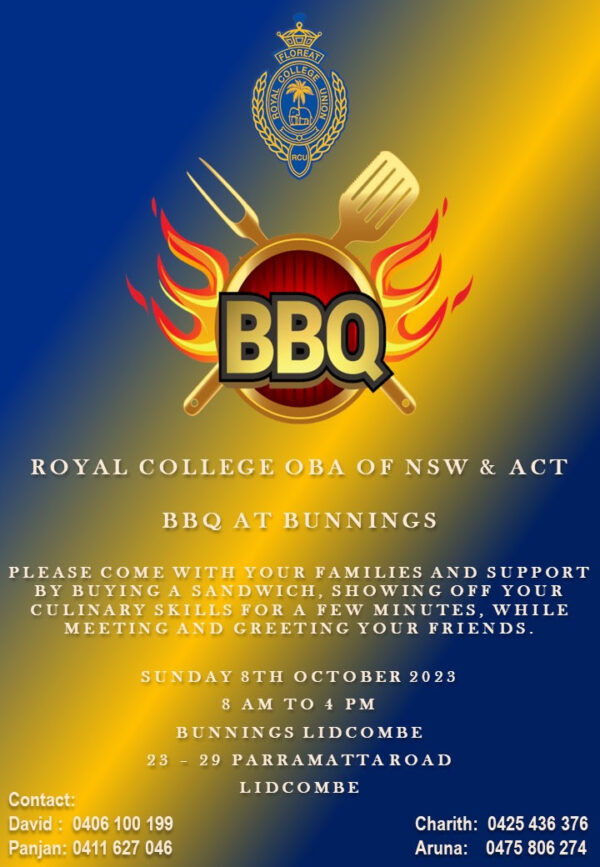 ROYAL COLLEGE OBA OF NSW & ACT BBQ AT BUNNINGS -8th OCTOBER 2023 - 8 AM TO 4 PM ( Melbourne Event ) - eLanka