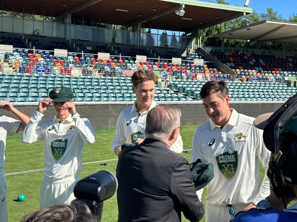 Prime Minister Anthony Albanese presents baggy caps to hosts as Pakistan wins Toss in Mauka Oval - eLanka