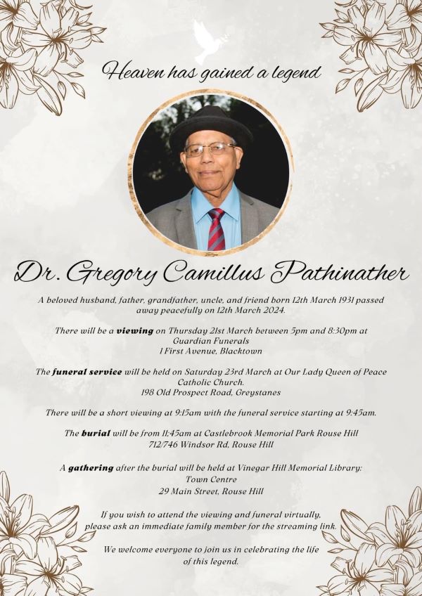 Dr. Gregory Camillus Pathinather - OBITUARY