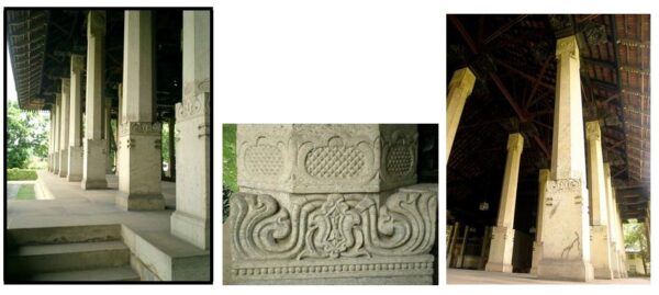 A forest of intricately carved, gently tapering stone pillars, capped with ever lasting gammalu wood corbels